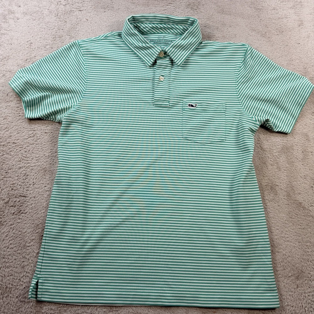 Vineyard Vines Polo Shirt Mens Small Green Striped Performance Stretch Pocket